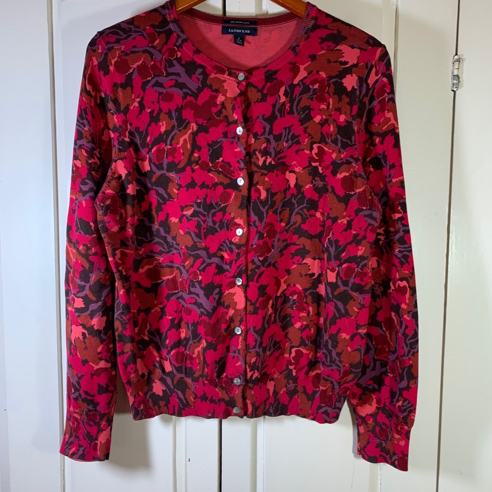 Lands End Womens Supima Cotton Floral Cardigan Sweater Pink Red L 14-16 426148